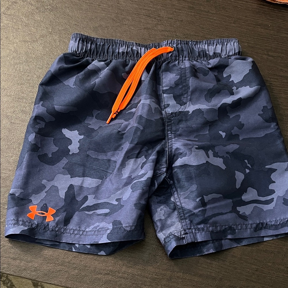 Under Armour Navy Camo Swim Shorts with Orange Drawstring